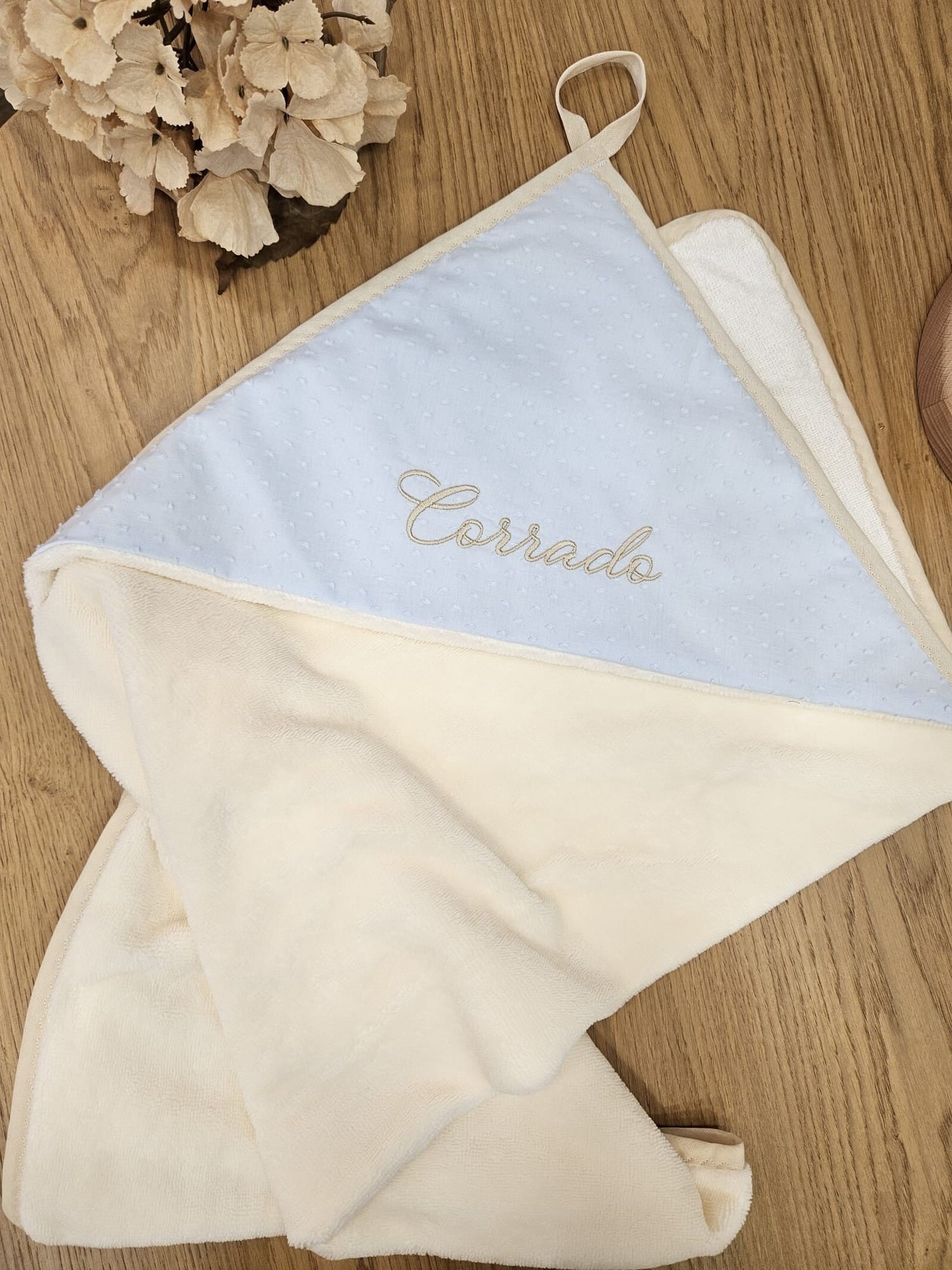 Accappatoio neonato in spugna di bamboo e plumetis