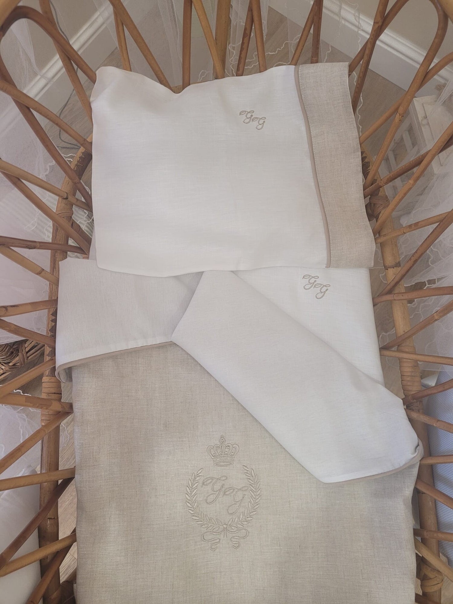 Completo da carrozzina in lino, copertina a sacco, lenzuolino di sotto e federa cuscino