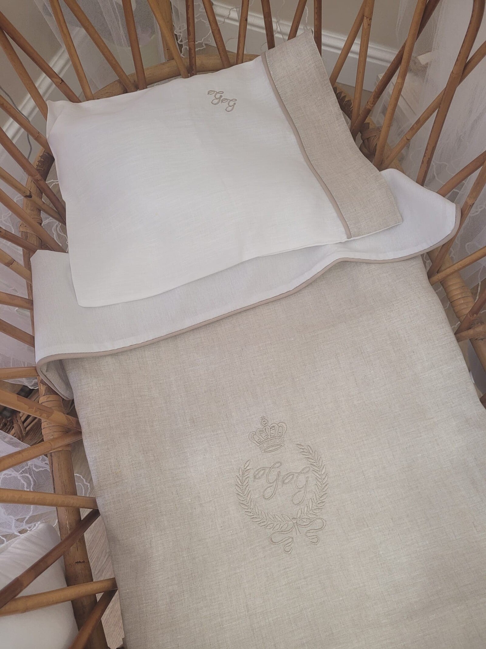 Completo da carrozzina in lino, copertina a sacco, lenzuolino di sotto e federa cuscino