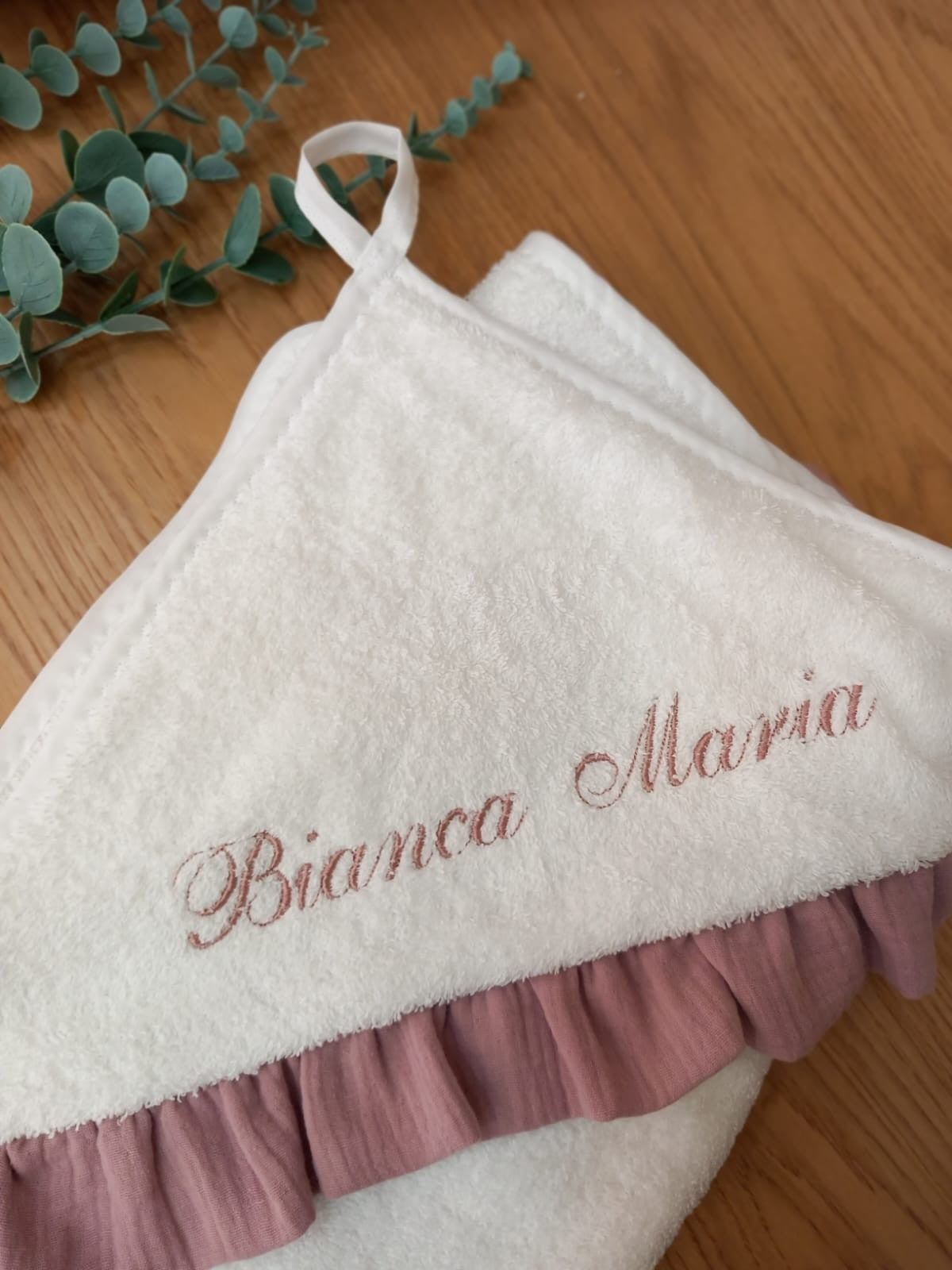 Accappatoio quadrato spugna bianca con rouche in mussola