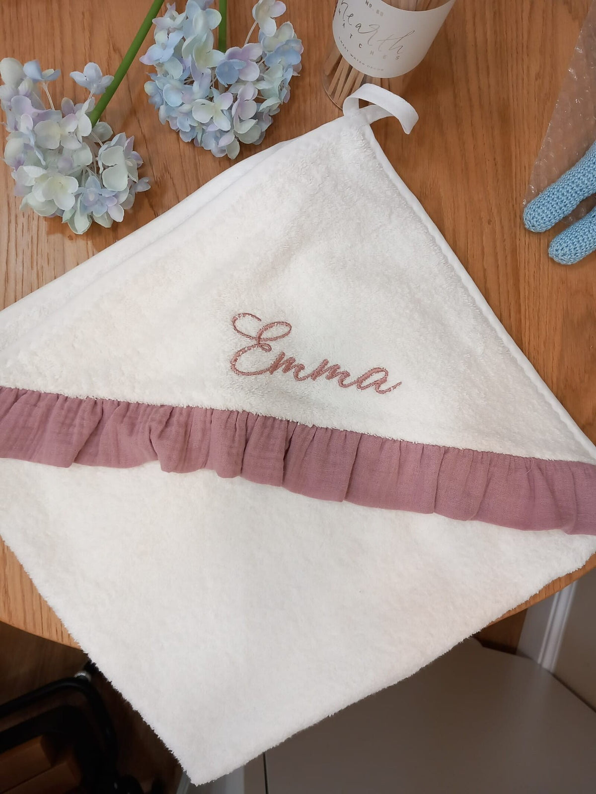 Accappatoio quadrato spugna bianca con rouche in mussola