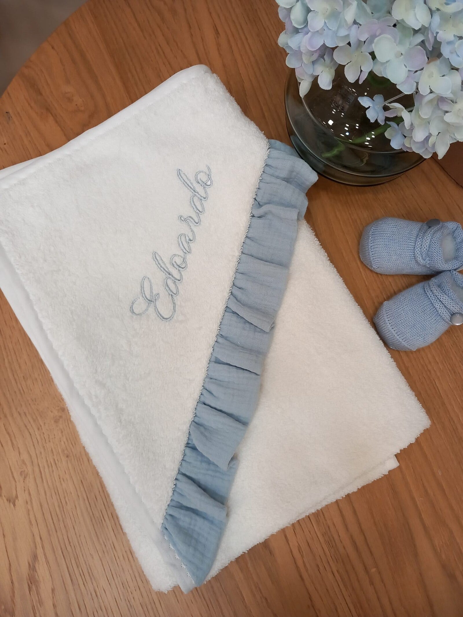 Accappatoio quadrato spugna bianca con rouche in mussola