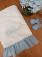 Telo bagnetto in spugna bianca con rouche in mussola