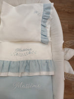 Coordinato per carrozzina in lino, lenzuolino con rouche e copertina