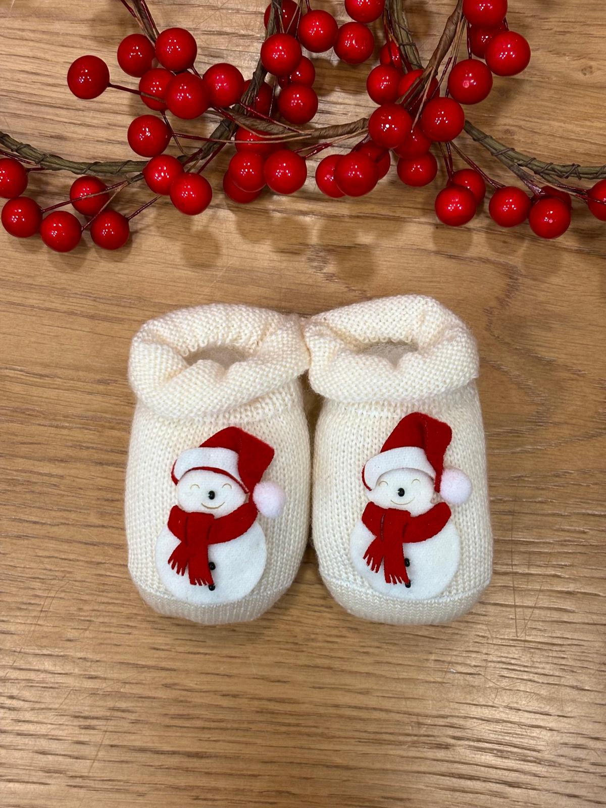 Scarpine neonato in lana con pupazzo di neve di Natale