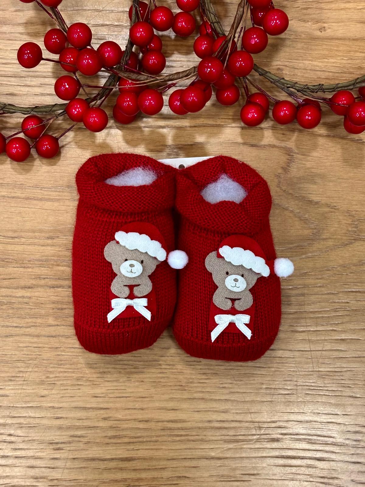 Scarpine neonato in lana con orsacchiotto di Natale