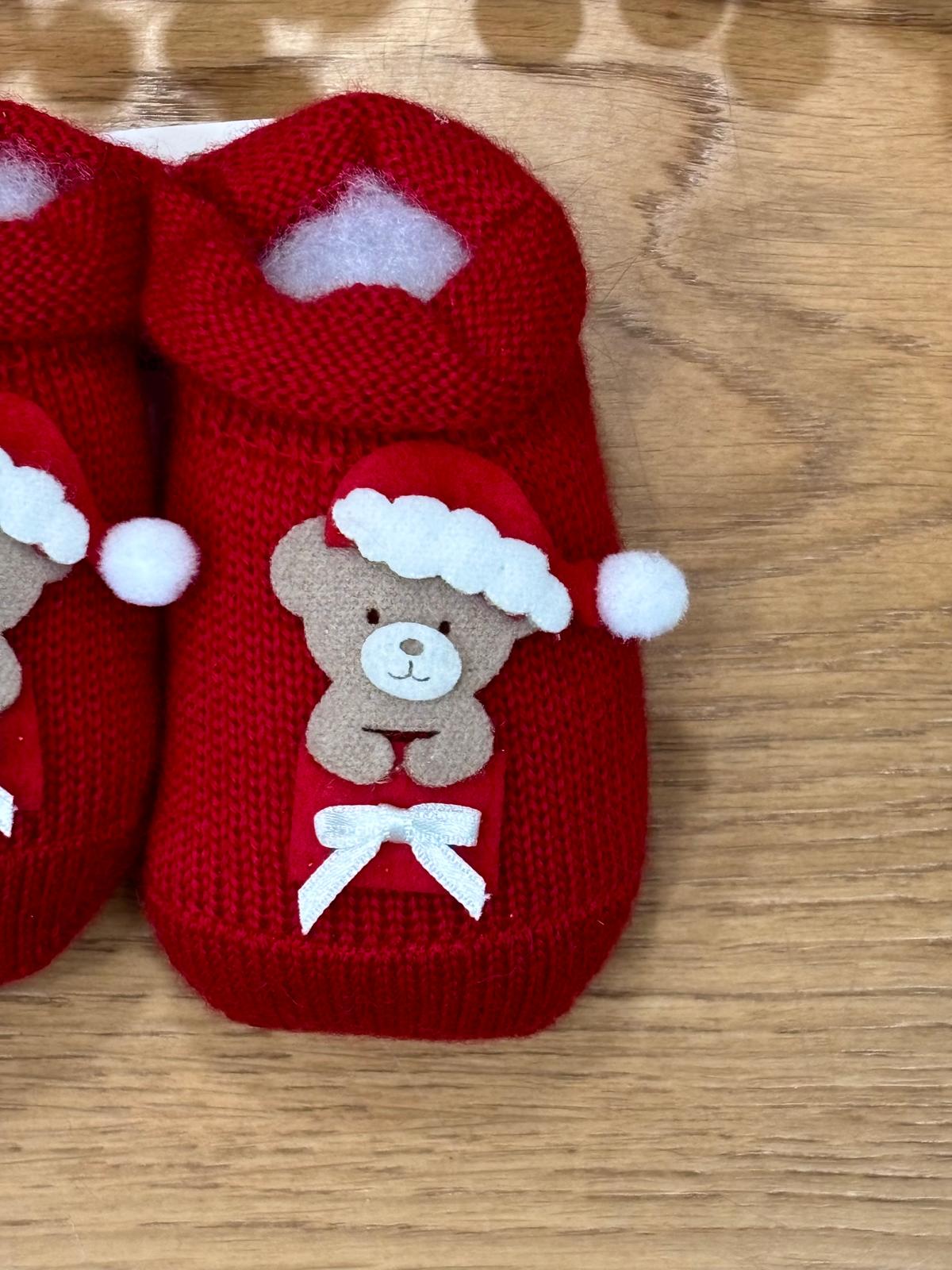 Scarpine neonato in lana con orsacchiotto di Natale