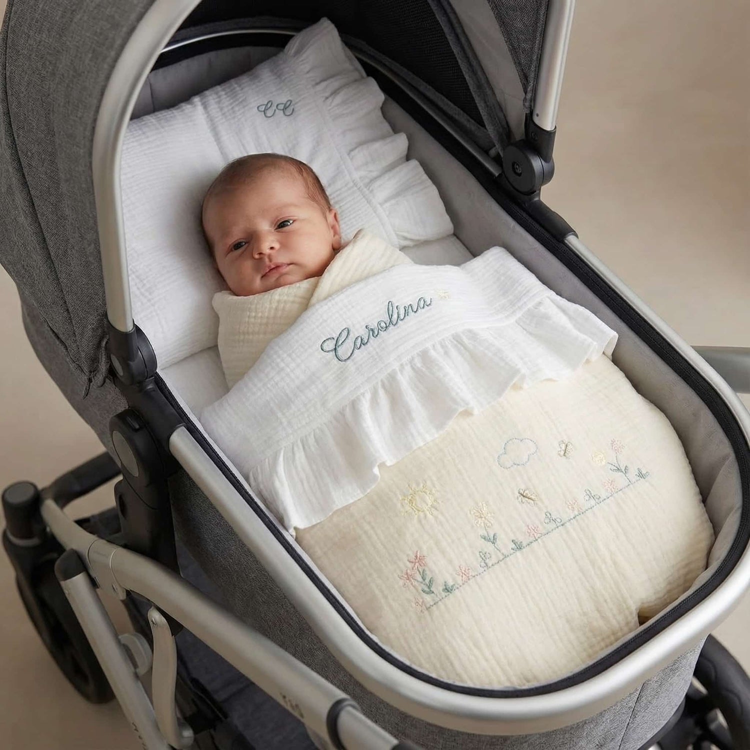 Coordinato in mussola, Lenzuolino con federa cuscino, coprimaterassino e copertina