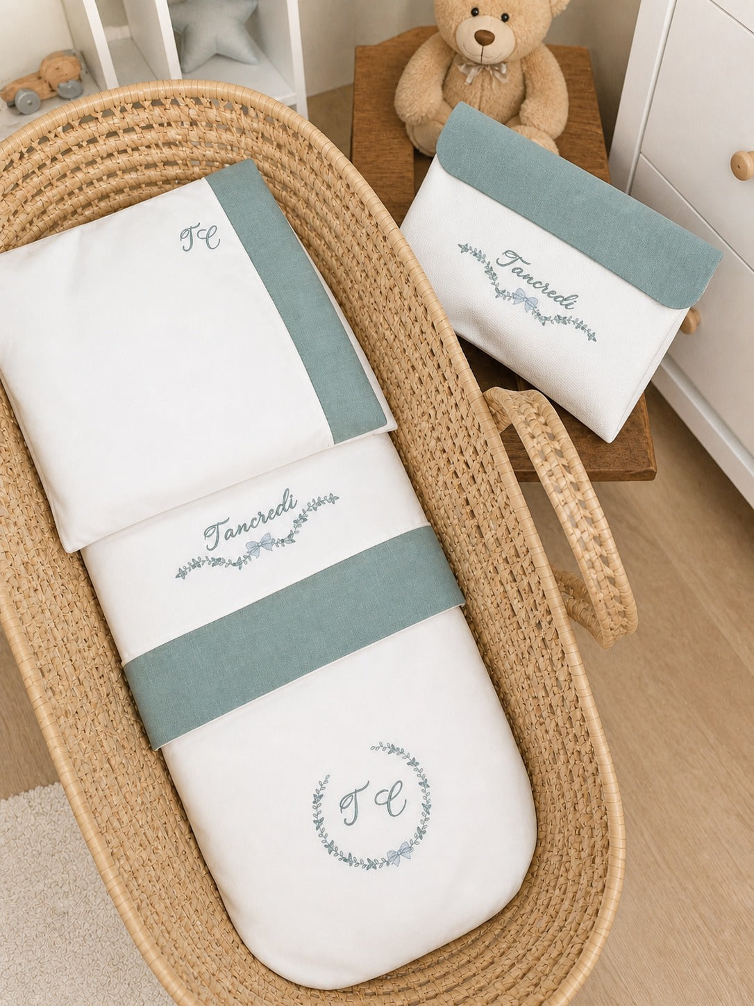 Coordinato nascita Roseline in cotone bianco, Completo in cotone per carrozzina
