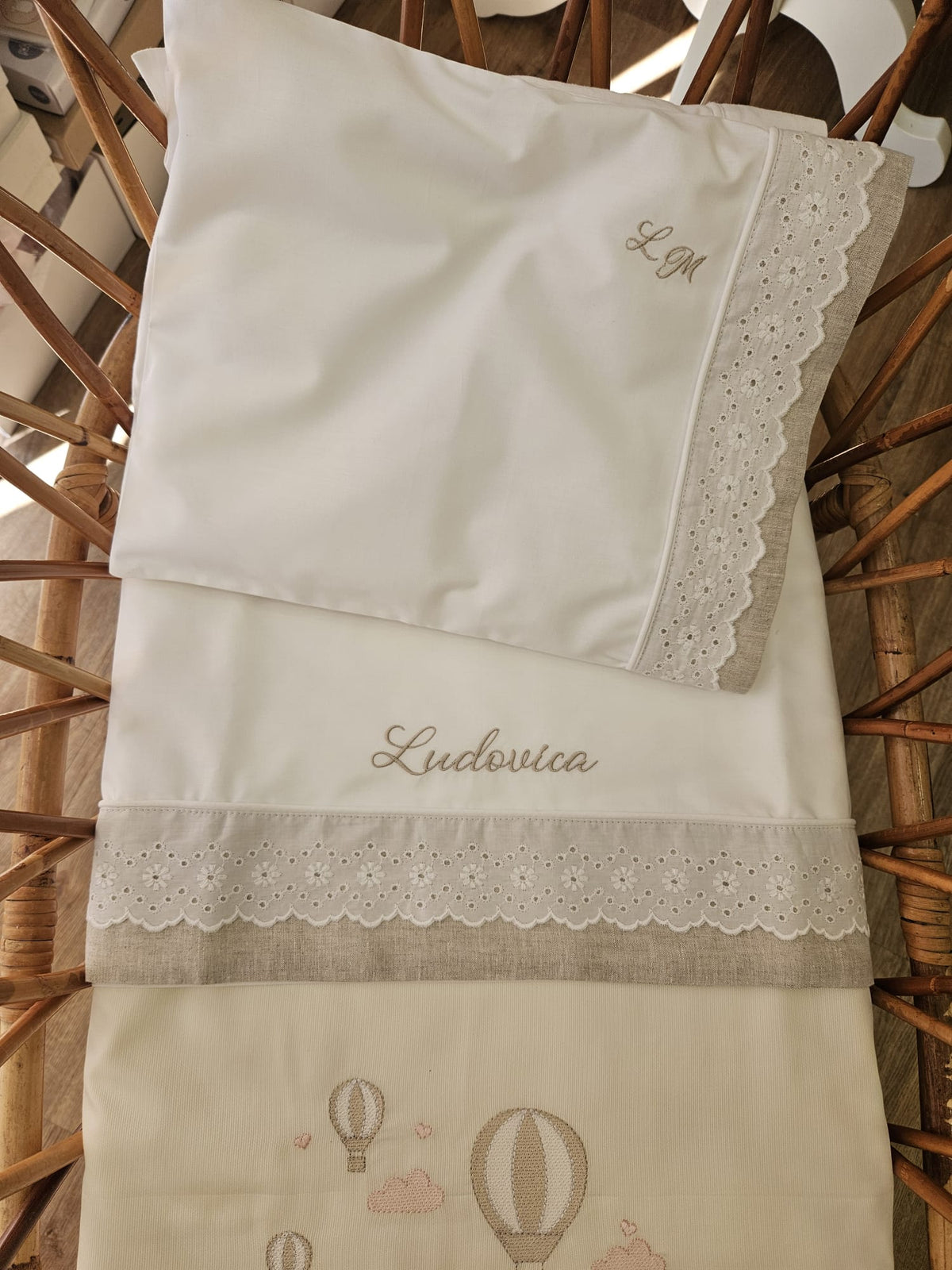 Set Lenzuola e Federa Personalizzate con Pizzo Sangallo per Lettino Neonato