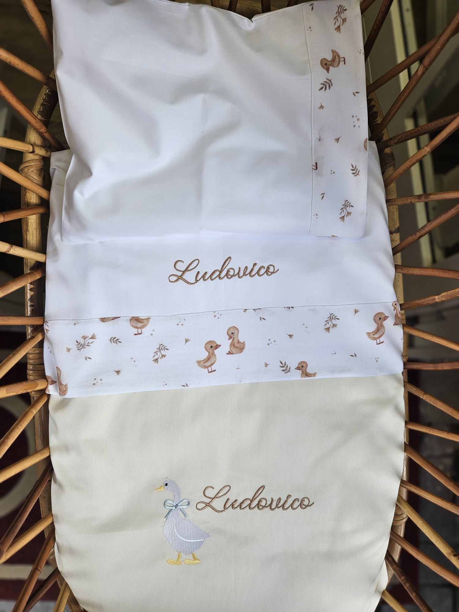 Set Lenzuola e Federa Personalizzate con Fascia a Fantasia per Lettino Neonato