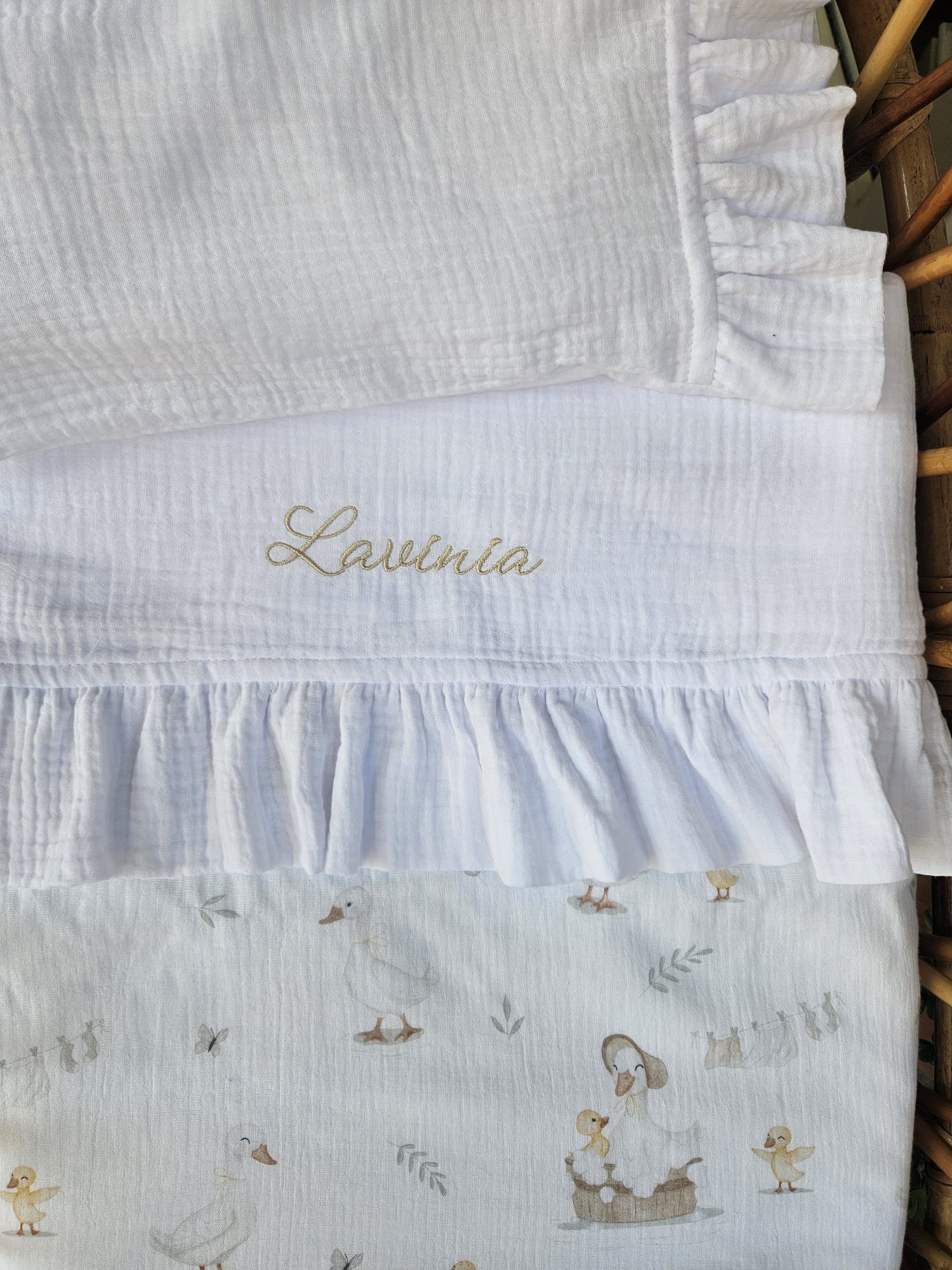 Set Lenzuola e Federa Personalizzate in Mussola di Cotone con Rouche