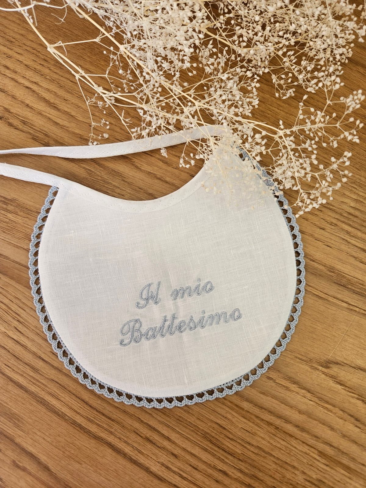 Bavaglino Battesimale Personalizzato in Lino con Merlettino