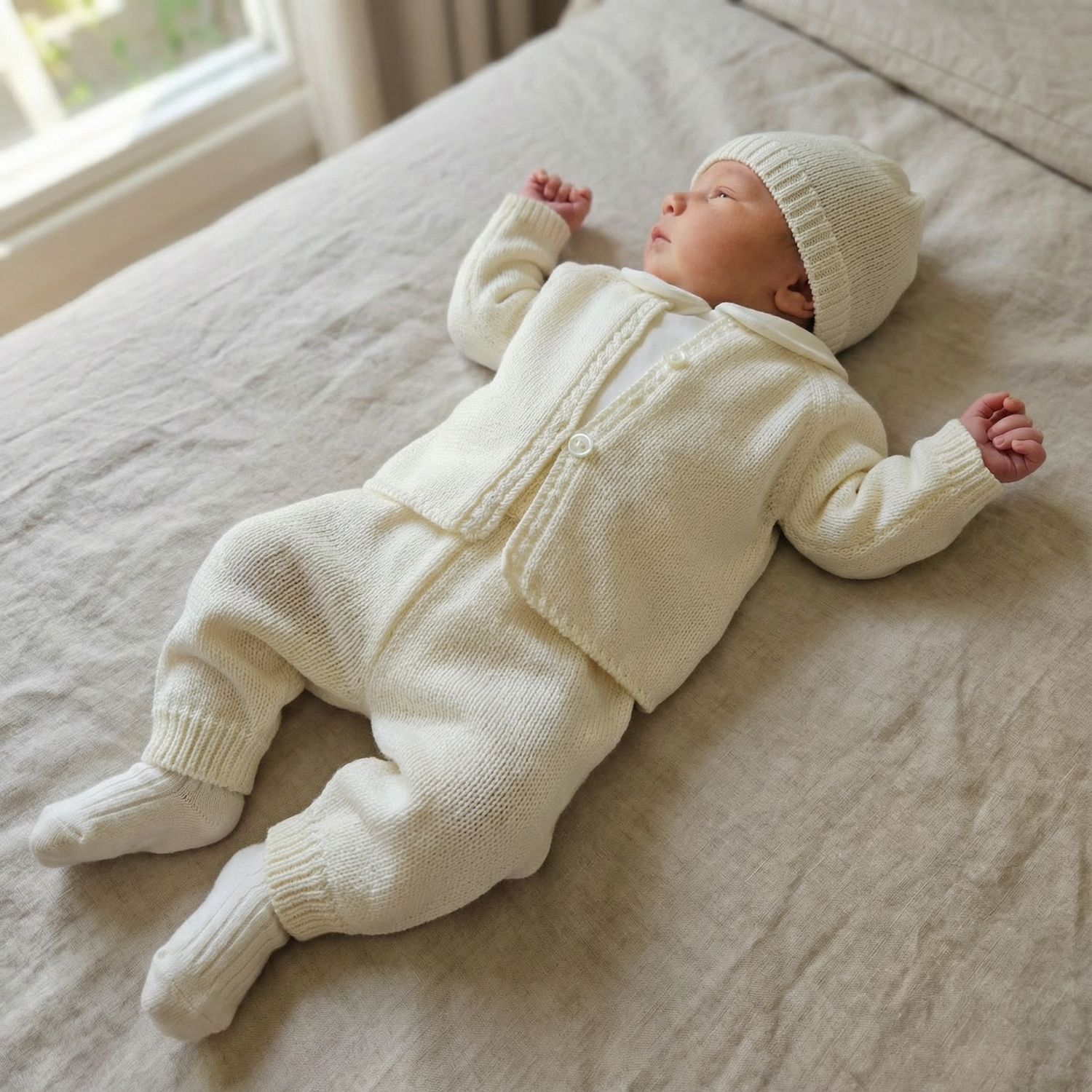 Completo in lana merinos, cardigan e pantaloni e cappellino