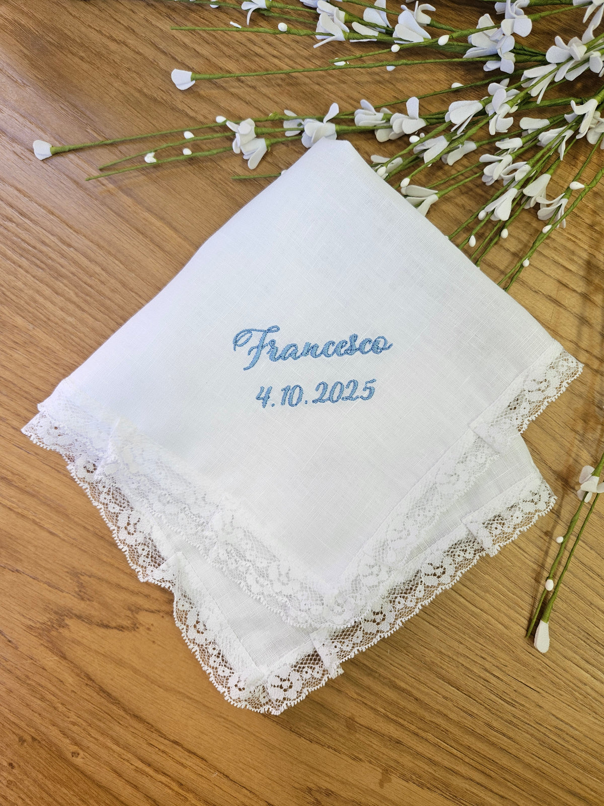 Fazzoletto Battesimale Personalizzato in Lino con Pizzo