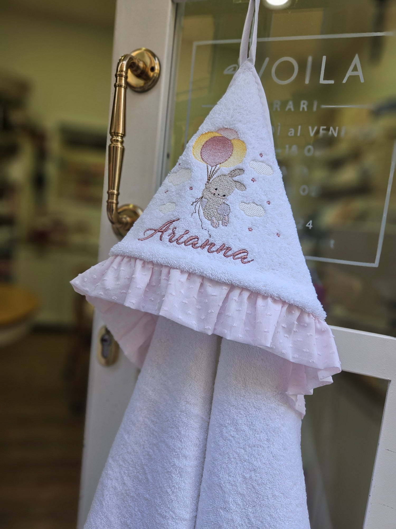 Accappatoio neonato in spugna bianca e rouche in plumetis